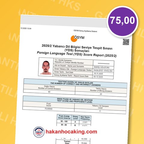 Öğrenci başarı sonucu 18 — YDS 75,00