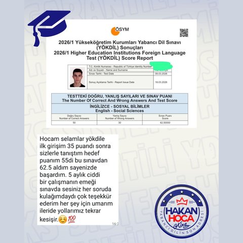 Öğrenci başarı sonucu 20 — YÖKDİL Sosyal 62,50