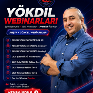 YÖKDİL’in ilk 30 sorusu, bölüm soruları, reading ve süre yönetimi için hazırlanmış kayıtlı taktik webinarları. Kayıt sonrası panelinizden hemen erişin ve kendi hızınızda izleyin.